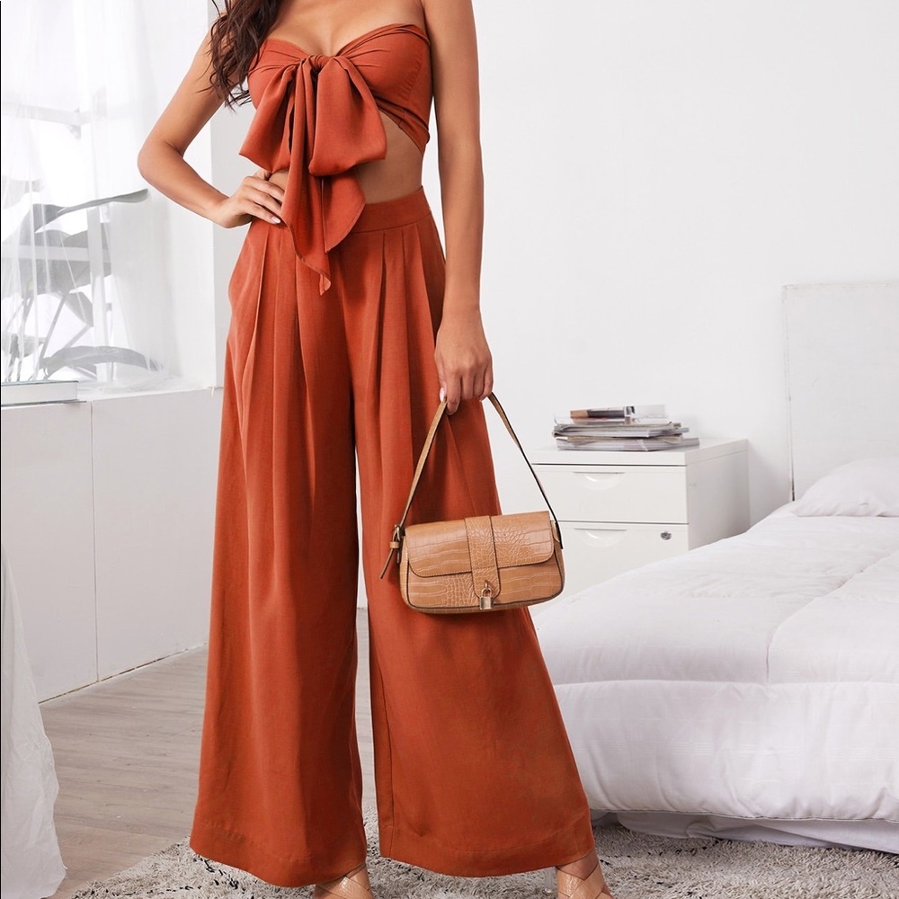 Boho Tie front tube top, pleated wide leg pants set terracotta